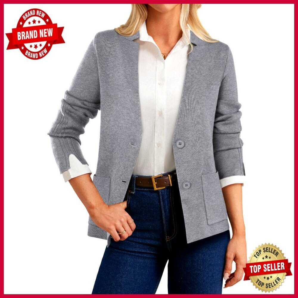 Knit Blazer Cardigan Work Professional Casual Long Sleeve Pockets Stretchy